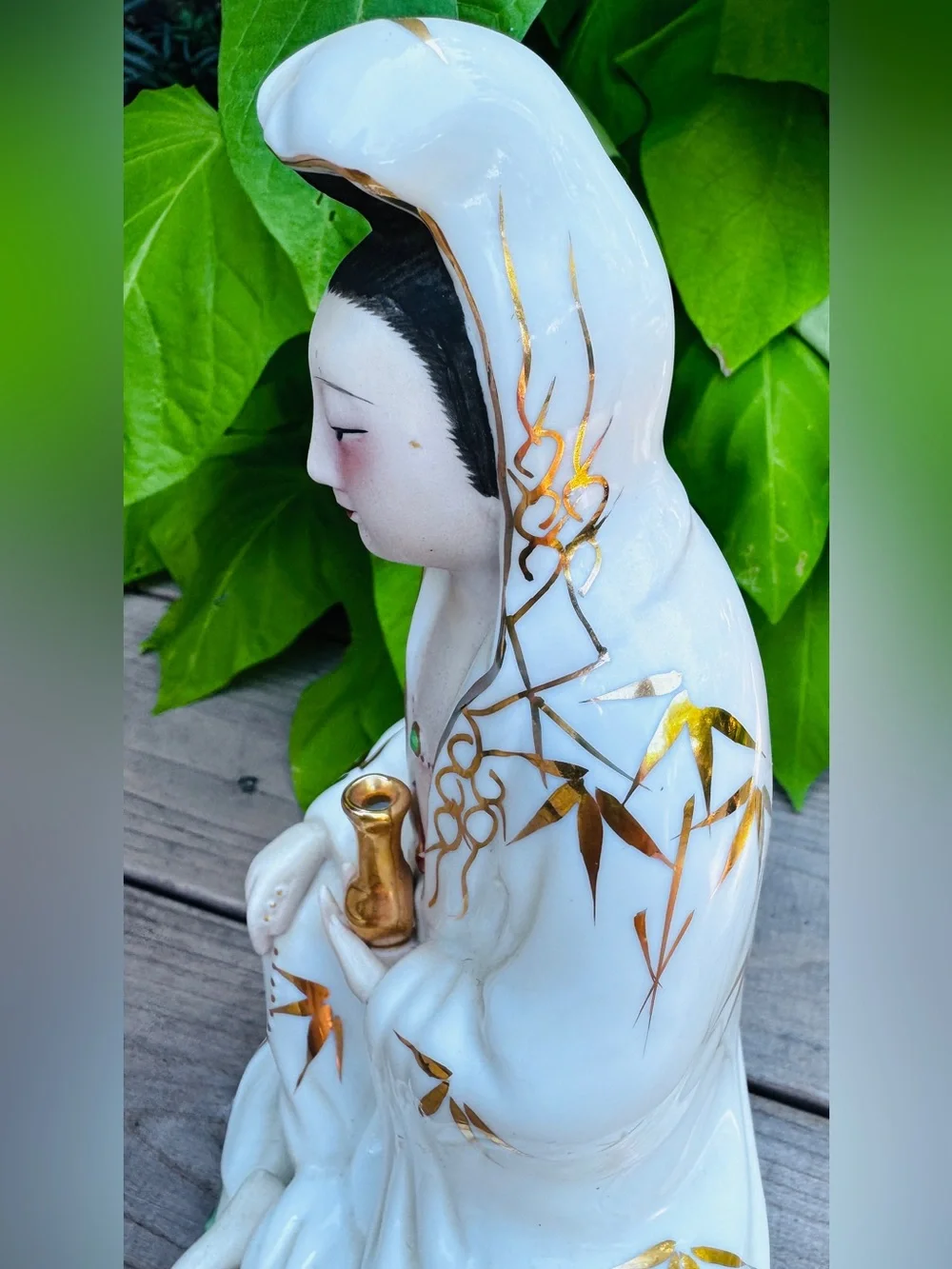 Vintage White and Gold Porcelain Guanyin Figurine - Home Accents